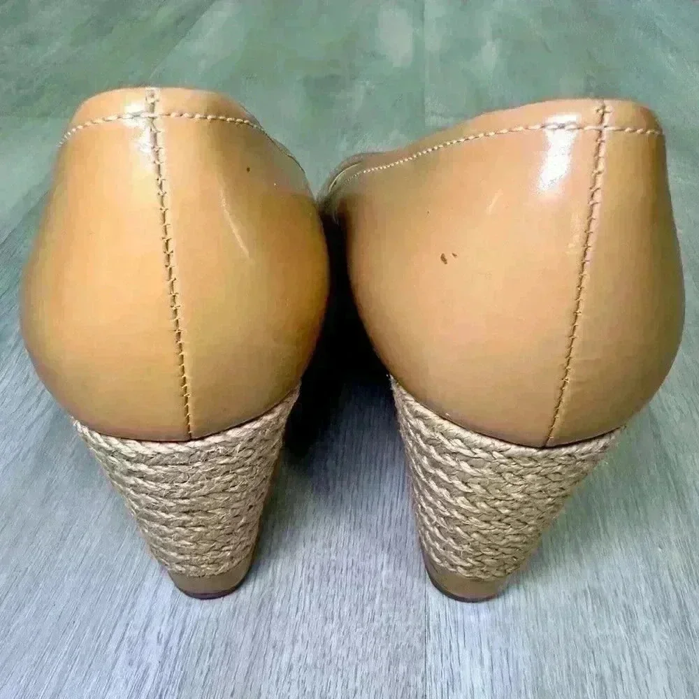 Prada Peep Toe Wedge Espadrille Heels Tan Patent Leather Size 37.5 us 7 - Picture 6 of 12